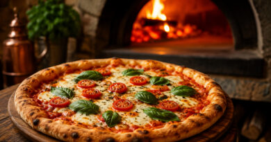 Pizza tradicional com queijo derretido, molho de tomate e manjericão durante celebração do Dia da Pizza.