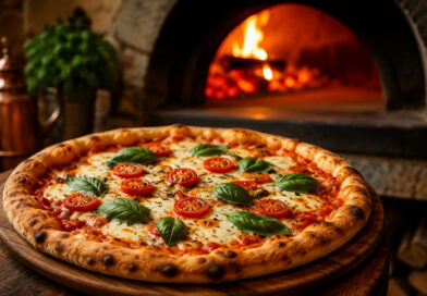 Pizza tradicional com queijo derretido, molho de tomate e manjericão durante celebração do Dia da Pizza.