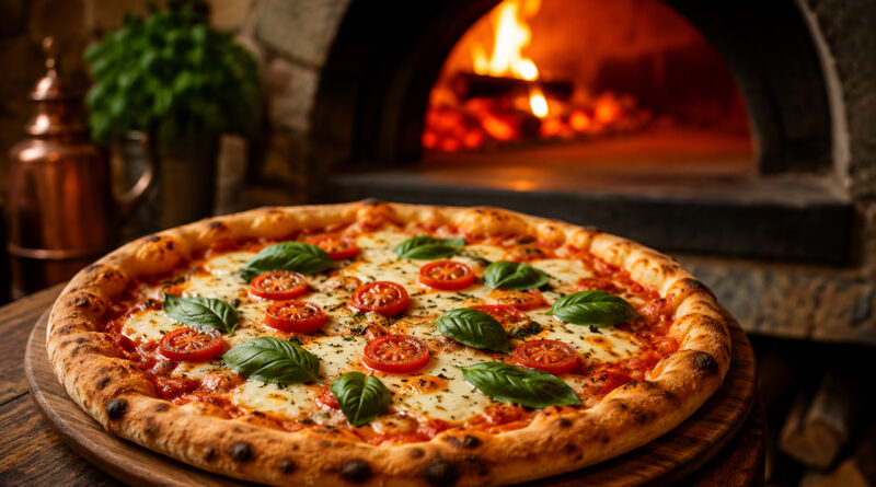 Pizza tradicional com queijo derretido, molho de tomate e manjericão durante celebração do Dia da Pizza.