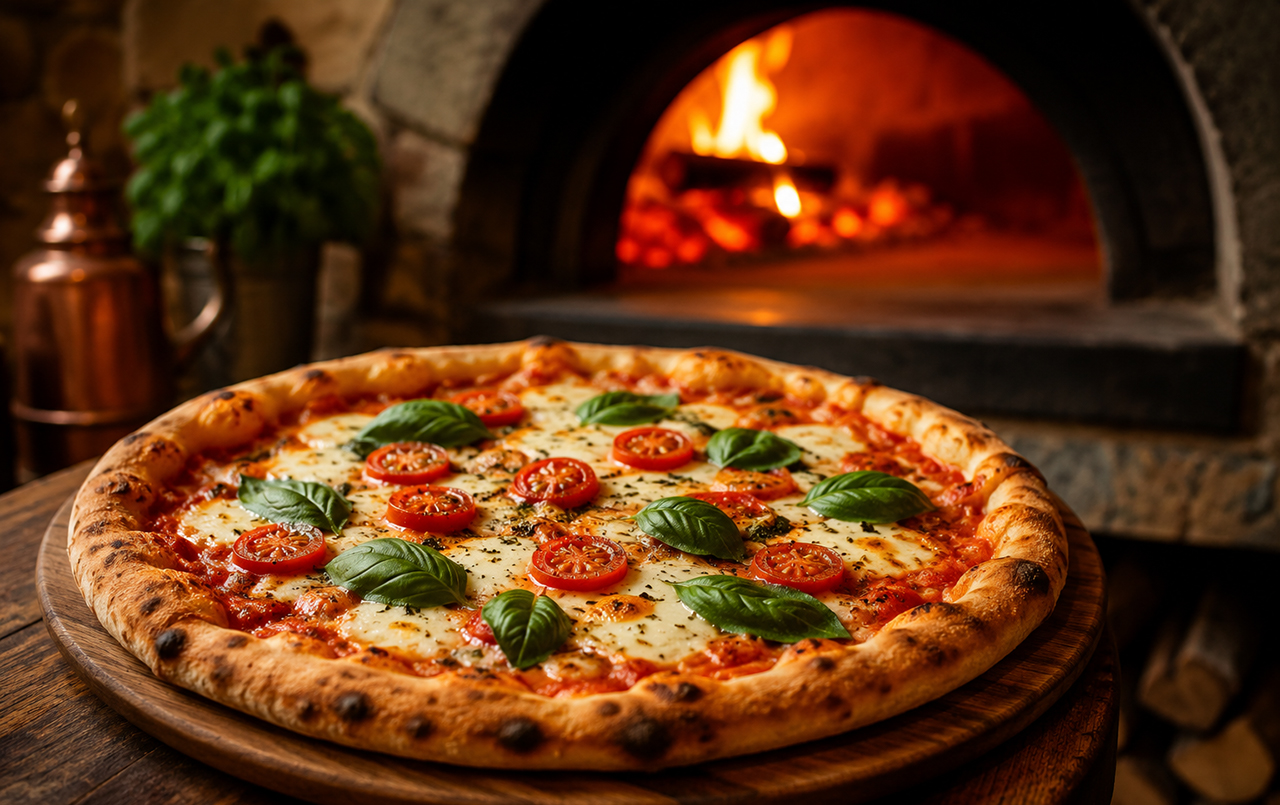 Pizza tradicional com queijo derretido, molho de tomate e manjericão durante celebração do Dia da Pizza.